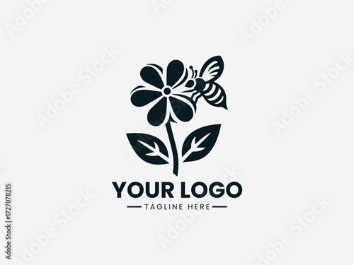 Elegant bee collecting nectar from detailed flower vector logo for organic garden brand identity