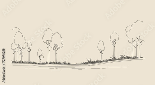 Monochrome scenic view: Hand drawn minimal sketch of a landscape illustration
