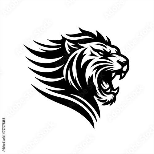 Fierce black tiger head roaring aggressive tribal design