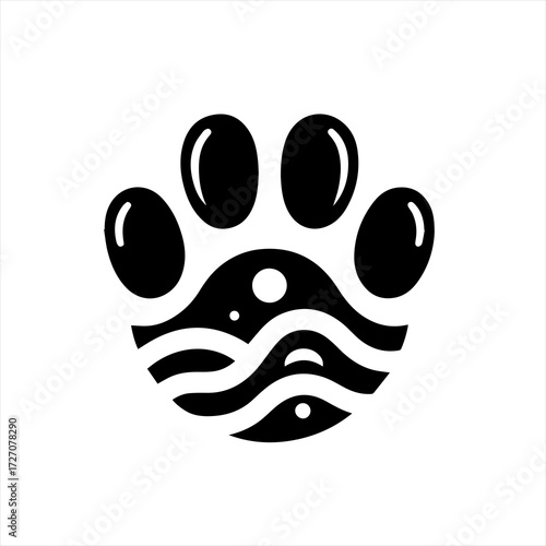 Black paw print with abstract water and fish design