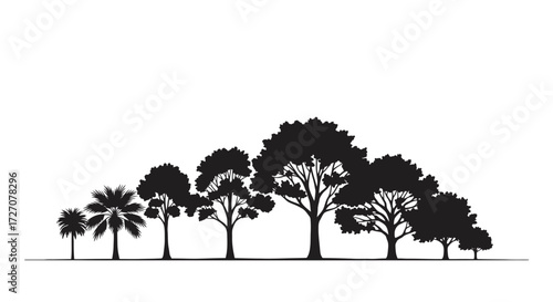Monochrome silhouette illustration showcasing a diverse row of trees on plain background