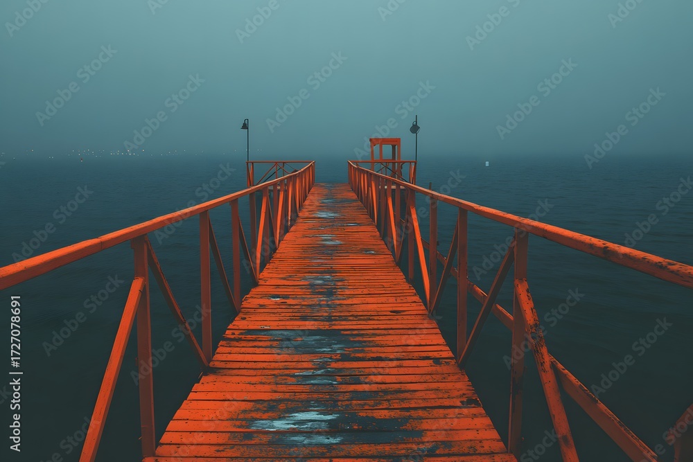 Naklejka premium Orange pier on dark water ocean