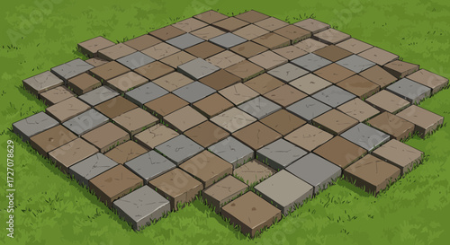 Stylized Isometric Stone Paving on Green Grass Background Illustration