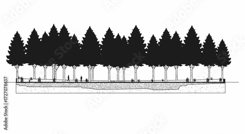 Stylized illustration of a park scene with trees and people walking in black and white