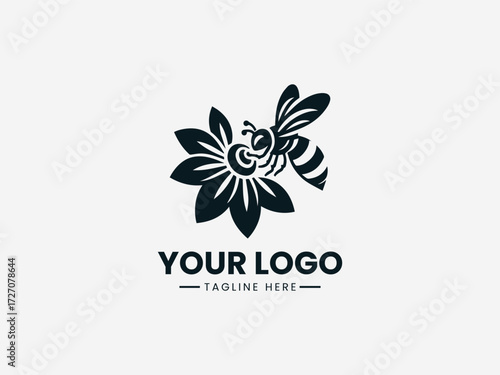 Elegant bee collecting nectar from detailed flower vector logo for organic garden brand identity