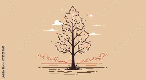 Stylized vector illustration of a lone tree in a serene landscape design