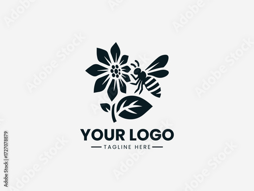 Elegant bee collecting nectar from detailed flower vector logo for organic garden brand identity