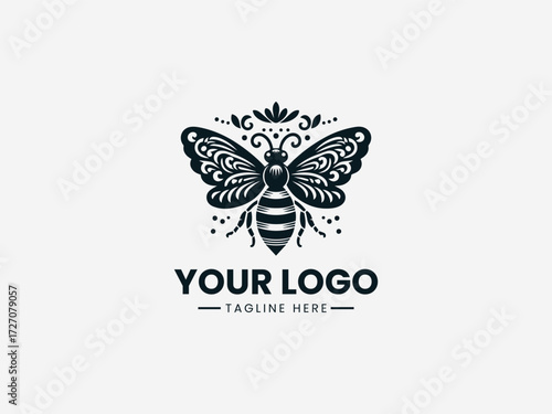 Ornate antique honey bee vector logo with detailed wings and vintage patterns for heritage brand identity