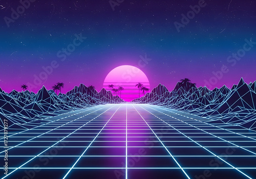 Retro Synthwave Grid Horizon with Glowing Pink Sun