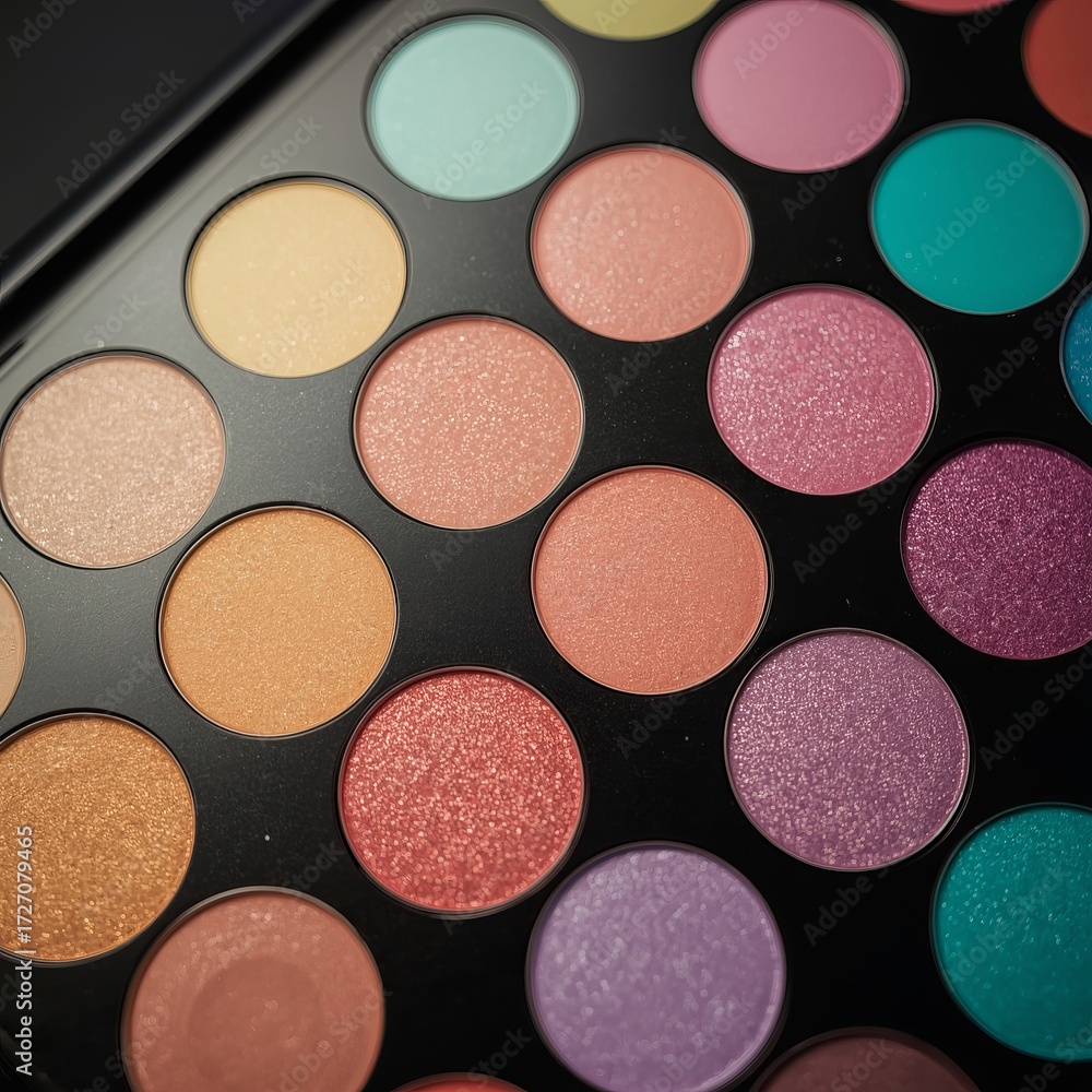 Fototapeta premium Close-up Eyeshadow Palette with Colorful Pigments Including Pink, Teal, and Warm Tones for Makeup Artists