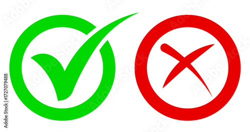 Set of green checkmark, red cross, x mark icon, flat rounded right and wrong sign concept Png. tick mark symbol and x cross icon