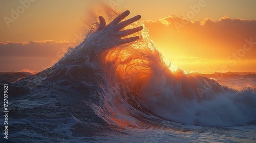 Surreal ocean wave shaped like hand at sunrise, dramatic seascape with sunlight and creative water art
