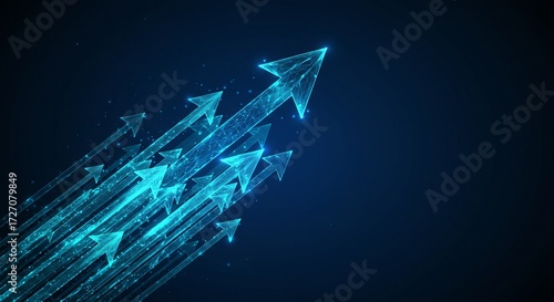 Cluster of glowing arrows moving upward — rapid growth and performance uptrend on blue tech background — vector banner