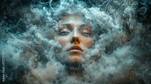 Surreal woman emerging through mystical smoke and glitter, dreamlike face surrounded by colorful mist and shimmering particles