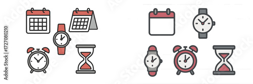 Different types of clocks and calendars shown in a modern illustration highlighting time management concepts