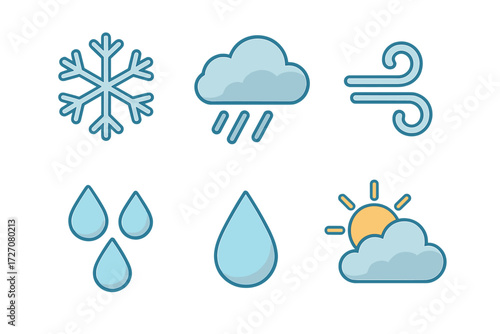 Weather symbols representing snow, rain, wind, and sunshine in a simple and clear design
