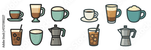 Coffee drinks in various styles displayed on a clean background with colorful cups and brewing equipment