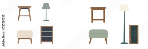Modern furniture collection showcasing various pieces like lamps, tables, and cabinets designed for stylish interiors