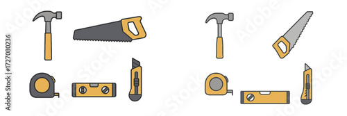 Tool arrangement showcasing basic hand tools for home improvement and DIY projects in a clean layout
