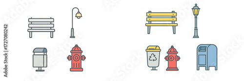 Different types of outdoor furniture and utility items in a park setting during the day