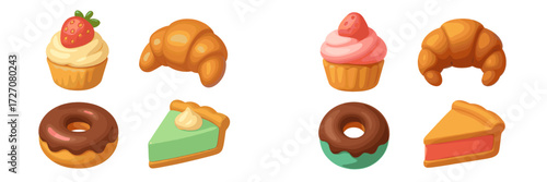 Colorful collection of delicious desserts including cupcakes, croissants, and donuts displayed on a plain background