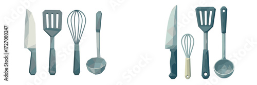 Modern kitchen utensils in various shapes and sizes arranged neatly on a white background
