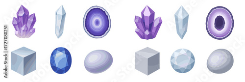 Colorful crystals and geometric shapes displayed in various forms and sizes for artistic inspiration and design ideas