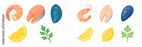 Fresh seafood arrangement with shrimp, salmon, and lemon on a white background for healthy cooking ideas
