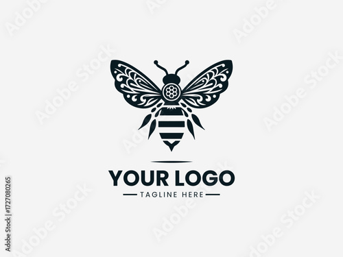 Ornate antique honey bee vector logo with detailed wings and vintage patterns for heritage brand identity
