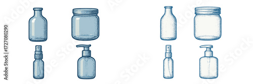 Different types of clear containers for storage and dispensing in various sizes and shapes displayed on a neutral background