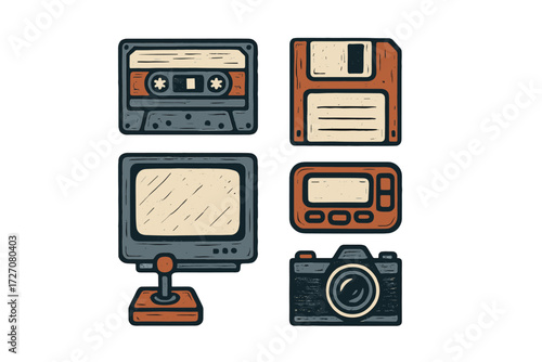 Vintage technology items displayed together showcasing the evolution of media and data storage over the years