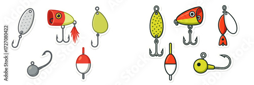 Variety of fishing lures and hooks displayed on a clean background for fishing enthusiasts and hobbyists