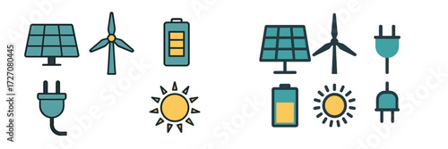 Energy symbols and icons representing renewable sources such as solar, wind, and battery storage in a clean design