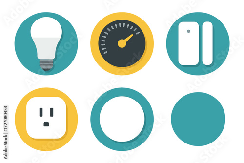 Set of simple icons representing energy efficiency and home appliances including light bulbs, gauges, and outlets