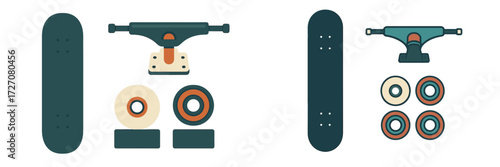 Skateboard deck and components laid out for assembly in a clean workspace