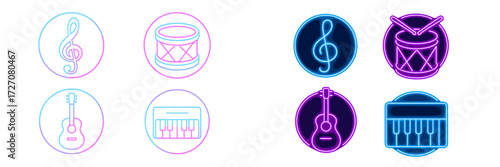 Colorful neon music icons featuring drums, guitars, pianos, and musical notes in vibrant blue and pink