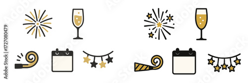 Celebration symbols with fireworks and drinks for New Year or festive occasions