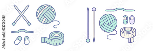 Knitting and crafting tools arranged neatly on a clean background for a creative project