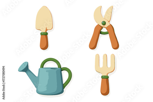 Gardening tools including a trowel, pruning shears, watering can, and fork arranged neatly on a white background
