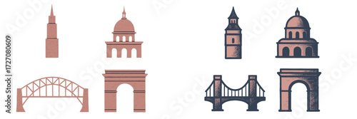 Collection of unique architectural designs featuring bridges and buildings from various cultural influences