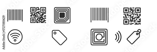 Various types of barcodes including QR codes, NFC tags, and wireless tags for product identification and data storage