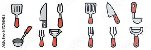 Various kitchen utensils arranged in neat order showcasing essential cooking tools and their simple designs