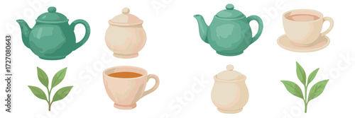 Variety of teapots, teacups, and tea leaves arranged on a clean surface for a tea time setting