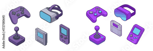 Collection of purple gaming controllers and devices showcasing retro and modern gaming technology
