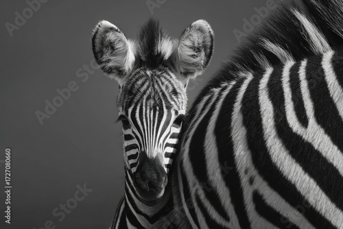 A zebra foal close-up, facing forward, against a muted gray background.  A portion of another zebra's back is visible in the image