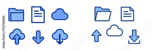 Simple blue file and cloud icons representing data storage and transfer in a digital space