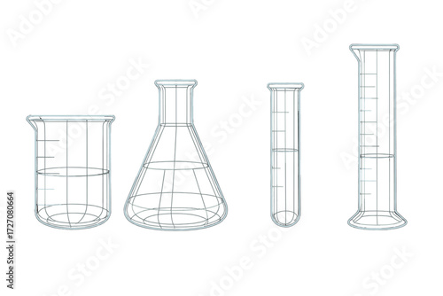 Variety of laboratory glassware for scientific experiments displayed on a white background