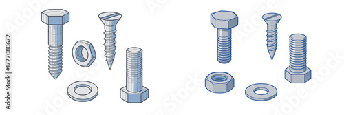 Various types of screws, bolts, nuts, and washers displayed on a clean surface for engineering purposes