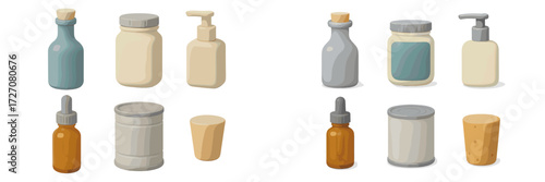 Various cosmetic and storage containers in different colors and shapes arranged on a white background