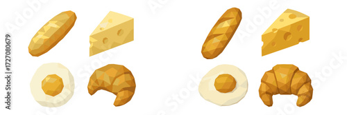 Breakfast foods including croissants, cheese, eggs, and bread presented in a colorful geometric style